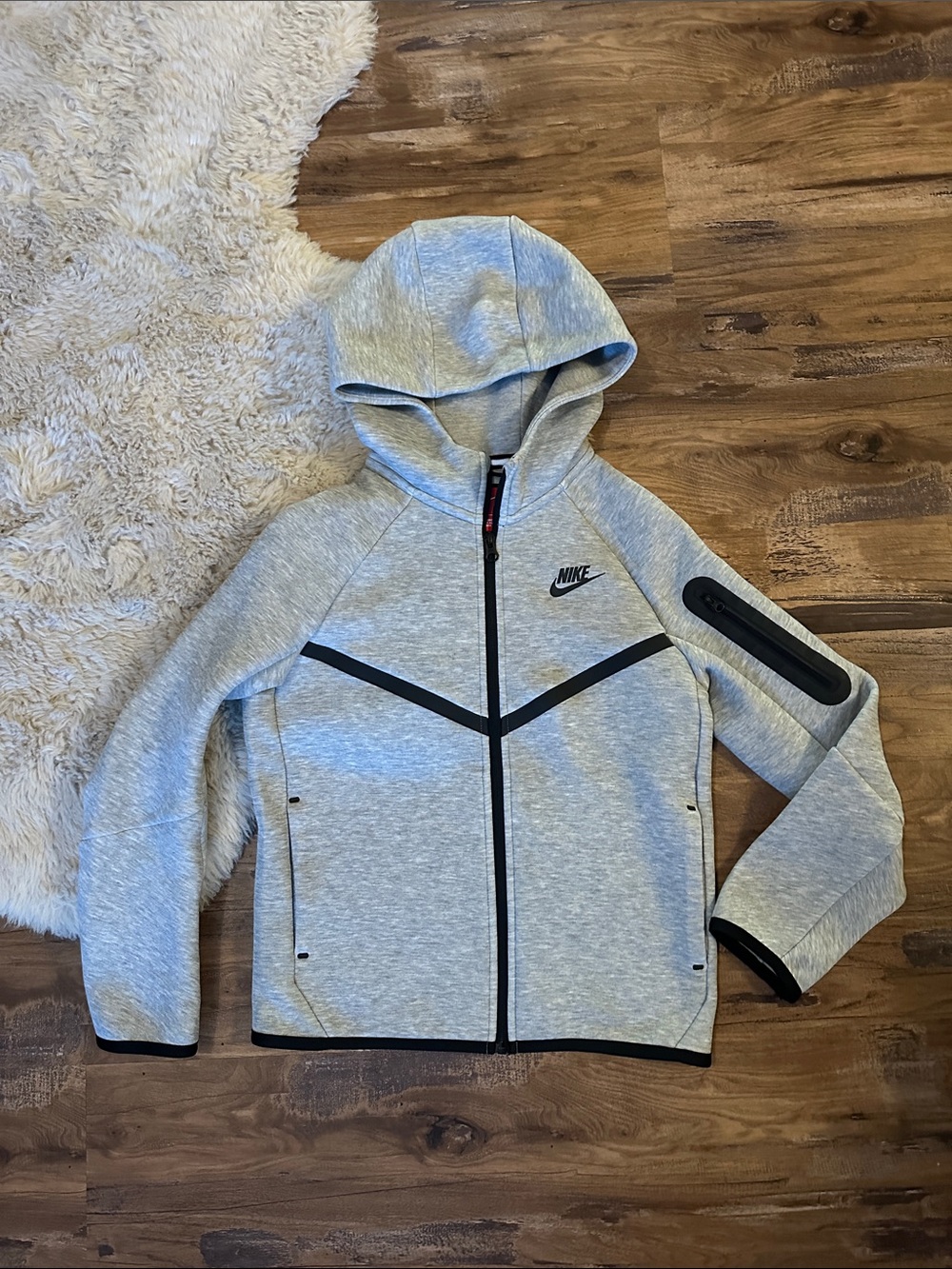 Nike Tech Light Gray Hooded Full-Zip Sweatshirt with Black Trim